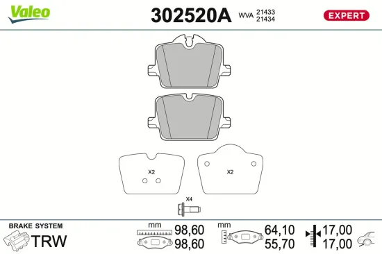 Bremsbelagsatz, Scheibenbremse Hinterachse VALEO 302520A Bild Bremsbelagsatz, Scheibenbremse Hinterachse VALEO 302520A