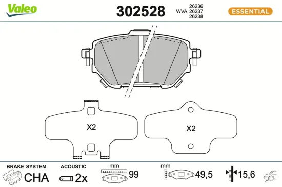 Bremsbelagsatz, Scheibenbremse Hinterachse VALEO 302528 Bild Bremsbelagsatz, Scheibenbremse Hinterachse VALEO 302528