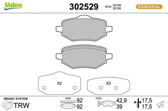 Bremsbelagsatz, Scheibenbremse Hinterachse VALEO 302529 Bild Bremsbelagsatz, Scheibenbremse Hinterachse VALEO 302529