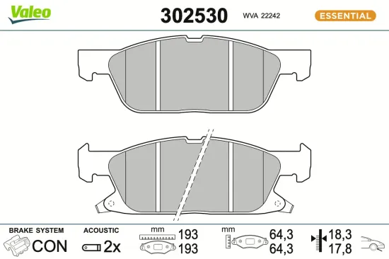 Bremsbelagsatz, Scheibenbremse Vorderachse VALEO 302530 Bild Bremsbelagsatz, Scheibenbremse Vorderachse VALEO 302530
