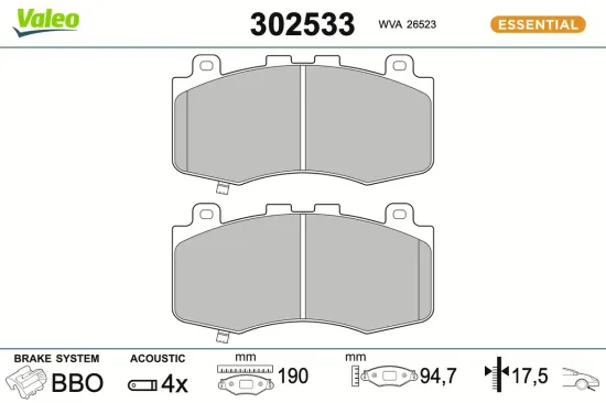 Bremsbelagsatz, Scheibenbremse Vorderachse VALEO 302533 Bild Bremsbelagsatz, Scheibenbremse Vorderachse VALEO 302533