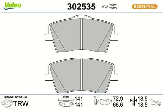 Bremsbelagsatz, Scheibenbremse Vorderachse VALEO 302535 Bild Bremsbelagsatz, Scheibenbremse Vorderachse VALEO 302535
