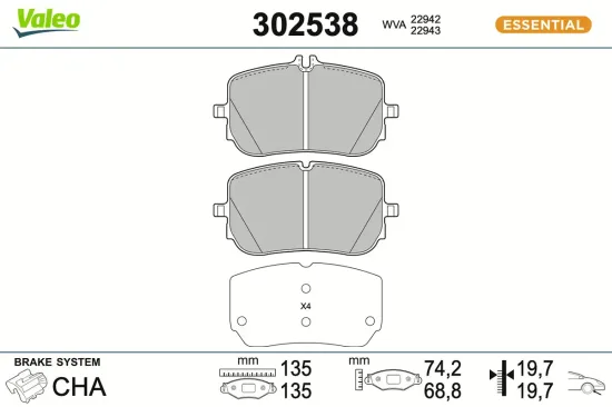 Bremsbelagsatz, Scheibenbremse Vorderachse VALEO 302538 Bild Bremsbelagsatz, Scheibenbremse Vorderachse VALEO 302538