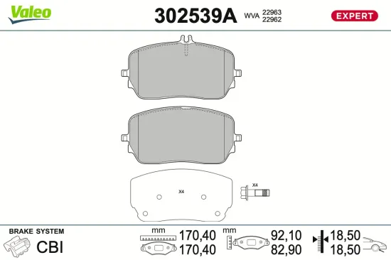 Bremsbelagsatz, Scheibenbremse Vorderachse VALEO 302539A Bild Bremsbelagsatz, Scheibenbremse Vorderachse VALEO 302539A