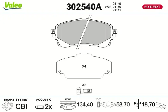 Bremsbelagsatz, Scheibenbremse Vorderachse VALEO 302540A Bild Bremsbelagsatz, Scheibenbremse Vorderachse VALEO 302540A
