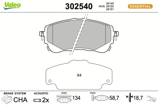 Bremsbelagsatz, Scheibenbremse Vorderachse VALEO 302540 Bild Bremsbelagsatz, Scheibenbremse Vorderachse VALEO 302540