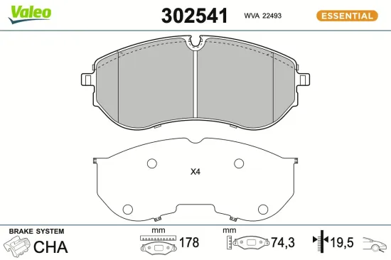 Bremsbelagsatz, Scheibenbremse Vorderachse VALEO 302541 Bild Bremsbelagsatz, Scheibenbremse Vorderachse VALEO 302541