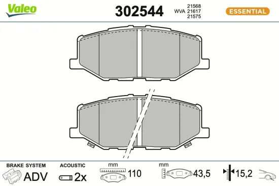 Bremsbelagsatz, Scheibenbremse Vorderachse VALEO 302544 Bild Bremsbelagsatz, Scheibenbremse Vorderachse VALEO 302544