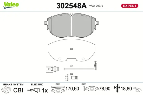 Bremsbelagsatz, Scheibenbremse Vorderachse VALEO 302548A Bild Bremsbelagsatz, Scheibenbremse Vorderachse VALEO 302548A