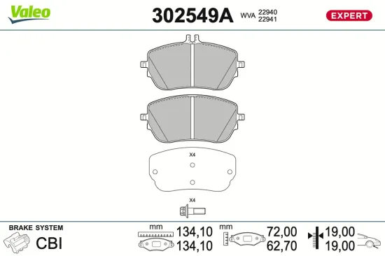 Bremsbelagsatz, Scheibenbremse Vorderachse VALEO 302549A Bild Bremsbelagsatz, Scheibenbremse Vorderachse VALEO 302549A