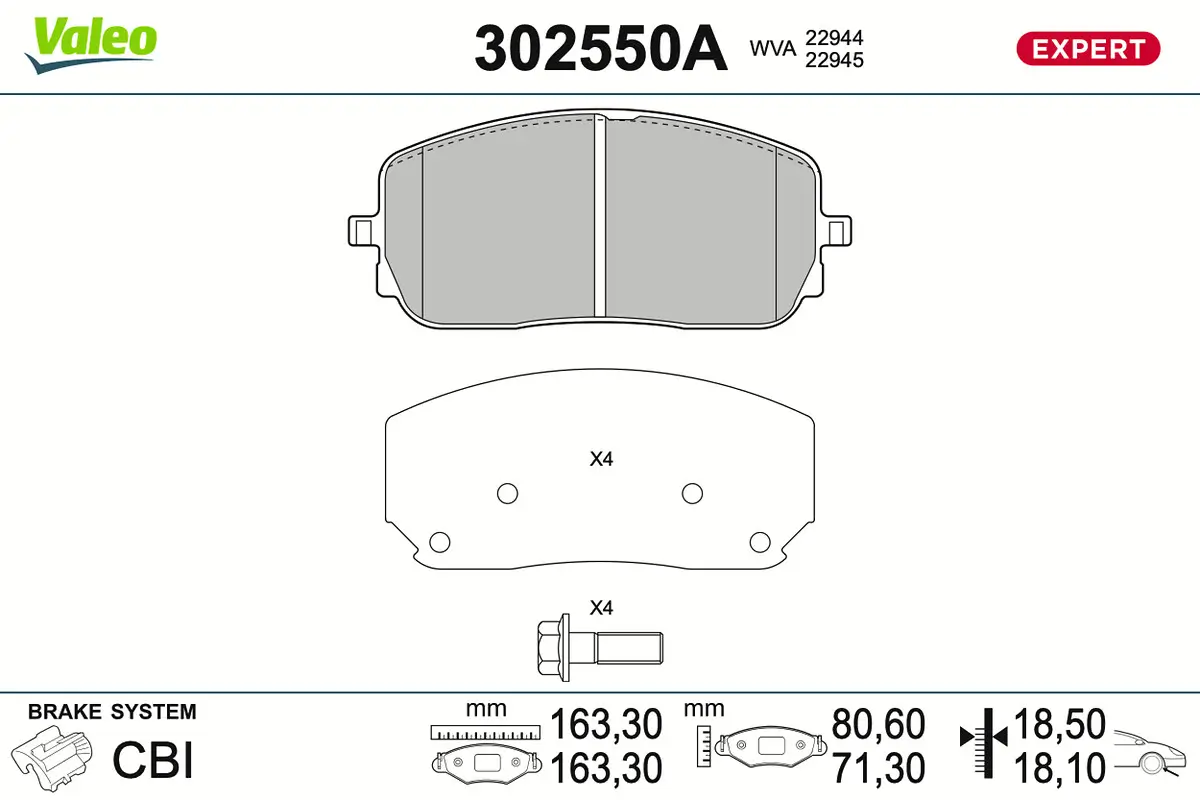 Bremsbelagsatz, Scheibenbremse Vorderachse VALEO 302550A