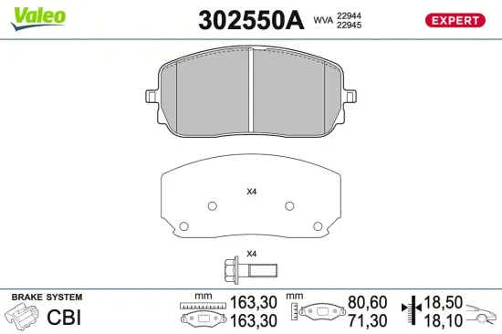 Bremsbelagsatz, Scheibenbremse Vorderachse VALEO 302550A Bild Bremsbelagsatz, Scheibenbremse Vorderachse VALEO 302550A