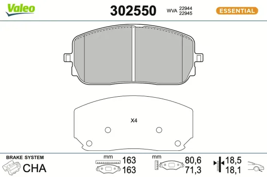 Bremsbelagsatz, Scheibenbremse Vorderachse VALEO 302550 Bild Bremsbelagsatz, Scheibenbremse Vorderachse VALEO 302550