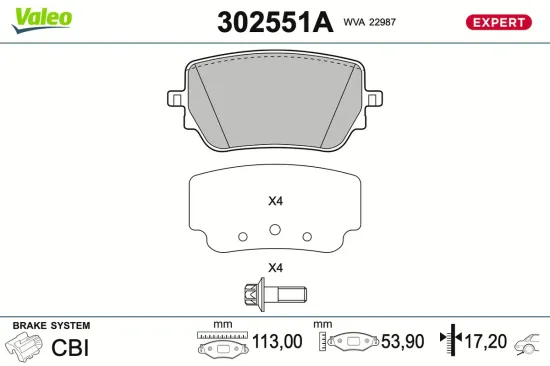 Bremsbelagsatz, Scheibenbremse Hinterachse VALEO 302551A Bild Bremsbelagsatz, Scheibenbremse Hinterachse VALEO 302551A