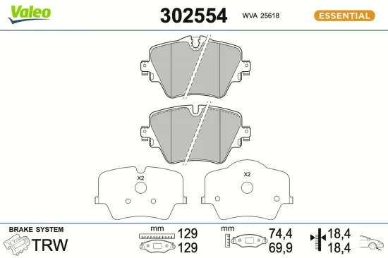 Bremsbelagsatz, Scheibenbremse Vorderachse VALEO 302554 Bild Bremsbelagsatz, Scheibenbremse Vorderachse VALEO 302554