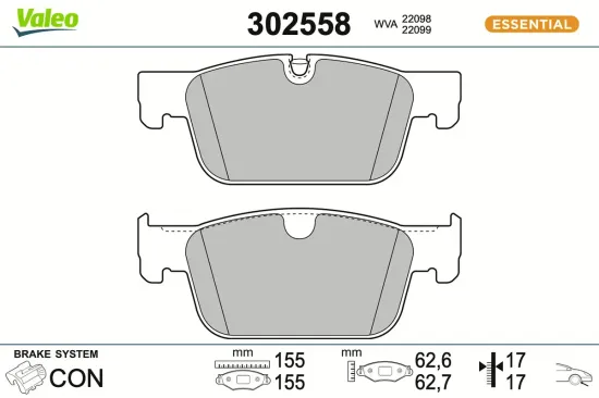 Bremsbelagsatz, Scheibenbremse Vorderachse VALEO 302558 Bild Bremsbelagsatz, Scheibenbremse Vorderachse VALEO 302558