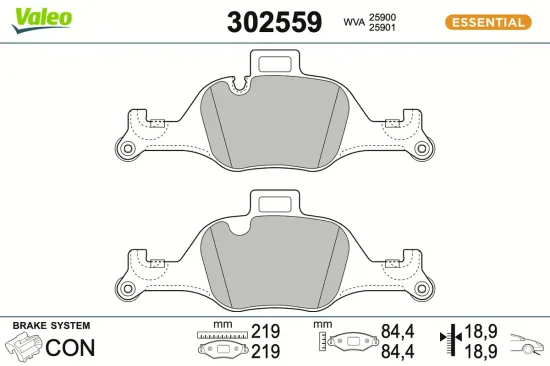 Bremsbelagsatz, Scheibenbremse Vorderachse VALEO 302559 Bild Bremsbelagsatz, Scheibenbremse Vorderachse VALEO 302559