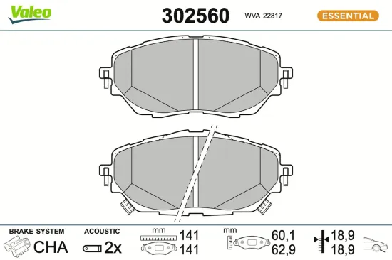Bremsbelagsatz, Scheibenbremse Vorderachse VALEO 302560 Bild Bremsbelagsatz, Scheibenbremse Vorderachse VALEO 302560