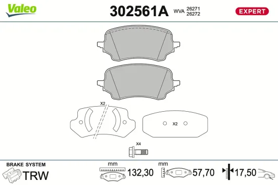 Bremsbelagsatz, Scheibenbremse Vorderachse VALEO 302561A Bild Bremsbelagsatz, Scheibenbremse Vorderachse VALEO 302561A