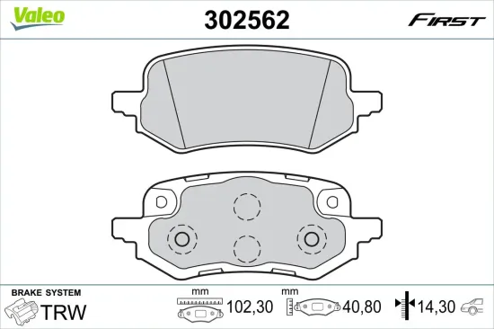 Bremsbelagsatz, Scheibenbremse Hinterachse VALEO 302562 Bild Bremsbelagsatz, Scheibenbremse Hinterachse VALEO 302562