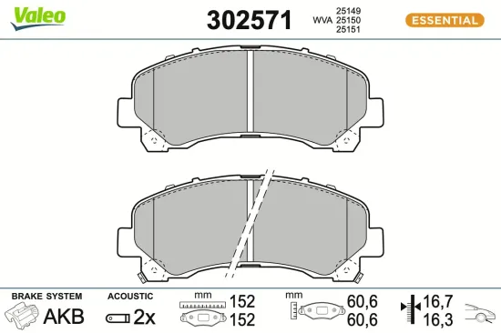 Bremsbelagsatz, Scheibenbremse Vorderachse VALEO 302571 Bild Bremsbelagsatz, Scheibenbremse Vorderachse VALEO 302571