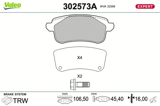 Bremsbelagsatz, Scheibenbremse Hinterachse VALEO 302573A Bild Bremsbelagsatz, Scheibenbremse Hinterachse VALEO 302573A