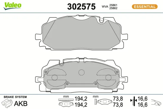 Bremsbelagsatz, Scheibenbremse Vorderachse VALEO 302575 Bild Bremsbelagsatz, Scheibenbremse Vorderachse VALEO 302575