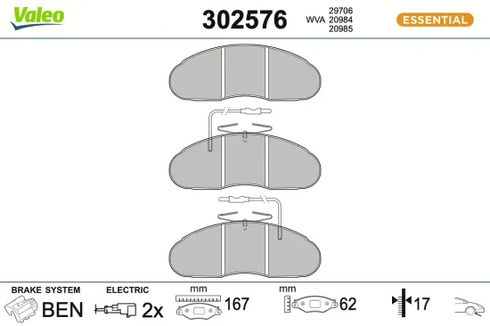 Bremsbelagsatz, Scheibenbremse Vorderachse VALEO 302576 Bild Bremsbelagsatz, Scheibenbremse Vorderachse VALEO 302576