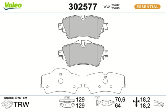 Bremsbelagsatz, Scheibenbremse Vorderachse VALEO 302577 Bild Bremsbelagsatz, Scheibenbremse Vorderachse VALEO 302577
