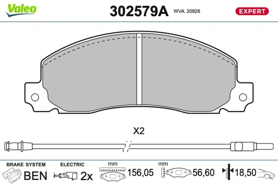 Bremsbelagsatz, Scheibenbremse Vorderachse VALEO 302579A Bild Bremsbelagsatz, Scheibenbremse Vorderachse VALEO 302579A