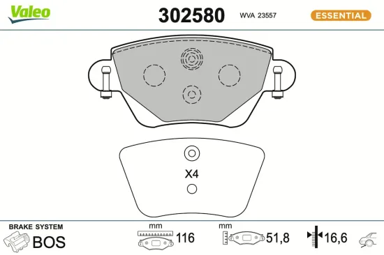 Bremsbelagsatz, Scheibenbremse Hinterachse VALEO 302580 Bild Bremsbelagsatz, Scheibenbremse Hinterachse VALEO 302580