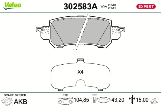 Bremsbelagsatz, Scheibenbremse Hinterachse VALEO 302583A Bild Bremsbelagsatz, Scheibenbremse Hinterachse VALEO 302583A
