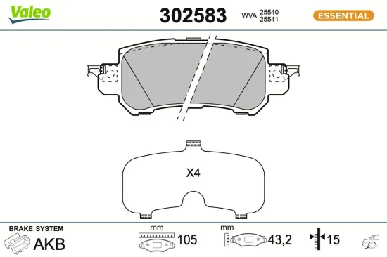 Bremsbelagsatz, Scheibenbremse Hinterachse VALEO 302583 Bild Bremsbelagsatz, Scheibenbremse Hinterachse VALEO 302583