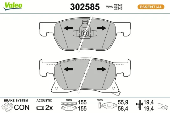 Bremsbelagsatz, Scheibenbremse Vorderachse VALEO 302585 Bild Bremsbelagsatz, Scheibenbremse Vorderachse VALEO 302585