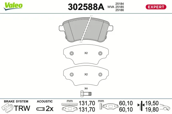 Bremsbelagsatz, Scheibenbremse Vorderachse VALEO 302588A Bild Bremsbelagsatz, Scheibenbremse Vorderachse VALEO 302588A