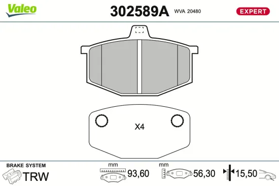 Bremsbelagsatz, Scheibenbremse Vorderachse VALEO 302589A Bild Bremsbelagsatz, Scheibenbremse Vorderachse VALEO 302589A