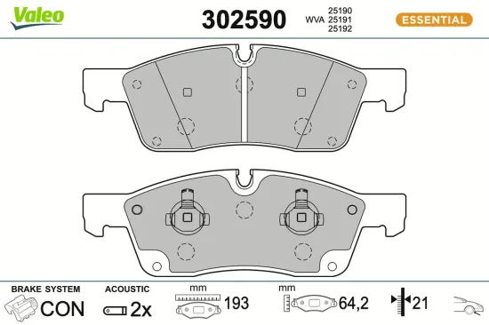 Bremsbelagsatz, Scheibenbremse Vorderachse VALEO 302590 Bild Bremsbelagsatz, Scheibenbremse Vorderachse VALEO 302590