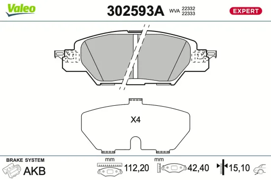 Bremsbelagsatz, Scheibenbremse Hinterachse VALEO 302593A Bild Bremsbelagsatz, Scheibenbremse Hinterachse VALEO 302593A