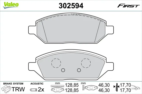 Bremsbelagsatz, Scheibenbremse Vorderachse VALEO 302594 Bild Bremsbelagsatz, Scheibenbremse Vorderachse VALEO 302594