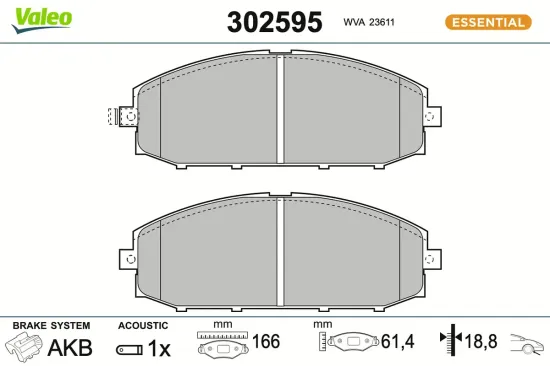 Bremsbelagsatz, Scheibenbremse Vorderachse VALEO 302595 Bild Bremsbelagsatz, Scheibenbremse Vorderachse VALEO 302595