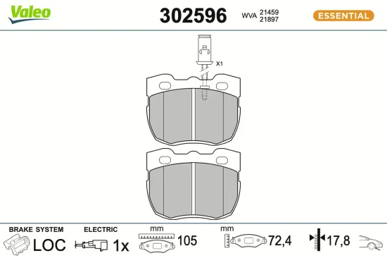 Bremsbelagsatz, Scheibenbremse Vorderachse VALEO 302596 Bild Bremsbelagsatz, Scheibenbremse Vorderachse VALEO 302596