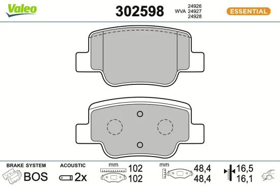 Bremsbelagsatz, Scheibenbremse Hinterachse VALEO 302598 Bild Bremsbelagsatz, Scheibenbremse Hinterachse VALEO 302598
