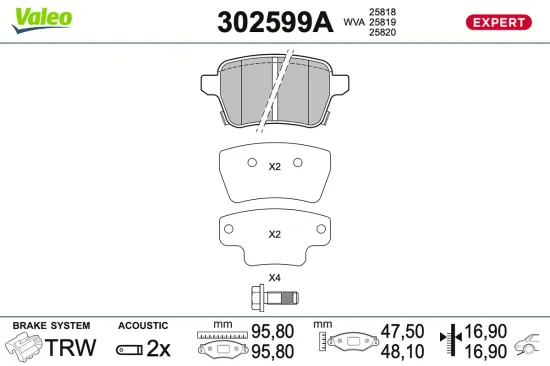 Bremsbelagsatz, Scheibenbremse Hinterachse VALEO 302599A Bild Bremsbelagsatz, Scheibenbremse Hinterachse VALEO 302599A