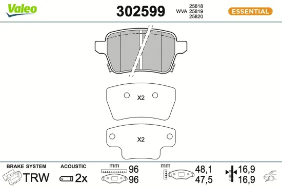 Bremsbelagsatz, Scheibenbremse Hinterachse VALEO 302599 Bild Bremsbelagsatz, Scheibenbremse Hinterachse VALEO 302599