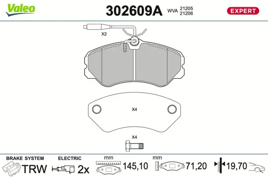 Bremsbelagsatz, Scheibenbremse Vorderachse VALEO 302609A Bild Bremsbelagsatz, Scheibenbremse Vorderachse VALEO 302609A