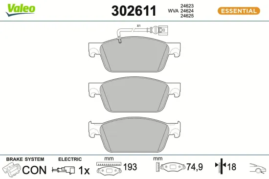 Bremsbelagsatz, Scheibenbremse Vorderachse VALEO 302611 Bild Bremsbelagsatz, Scheibenbremse Vorderachse VALEO 302611
