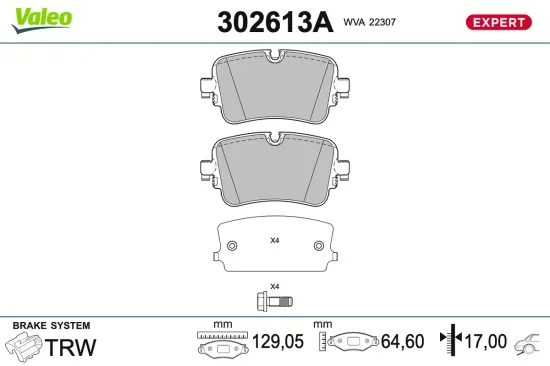 Bremsbelagsatz, Scheibenbremse Hinterachse VALEO 302613A Bild Bremsbelagsatz, Scheibenbremse Hinterachse VALEO 302613A
