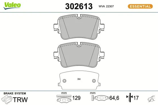 Bremsbelagsatz, Scheibenbremse Hinterachse VALEO 302613 Bild Bremsbelagsatz, Scheibenbremse Hinterachse VALEO 302613