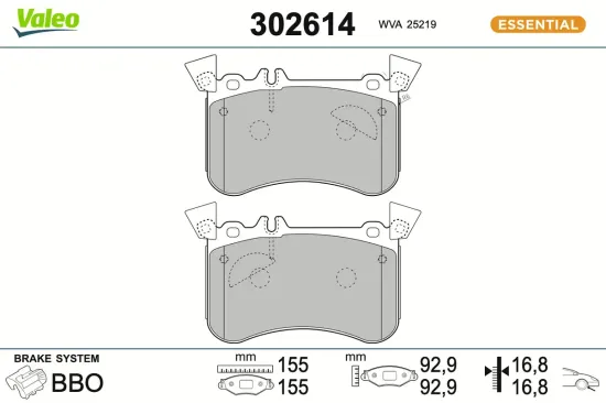 Bremsbelagsatz, Scheibenbremse Vorderachse VALEO 302614 Bild Bremsbelagsatz, Scheibenbremse Vorderachse VALEO 302614