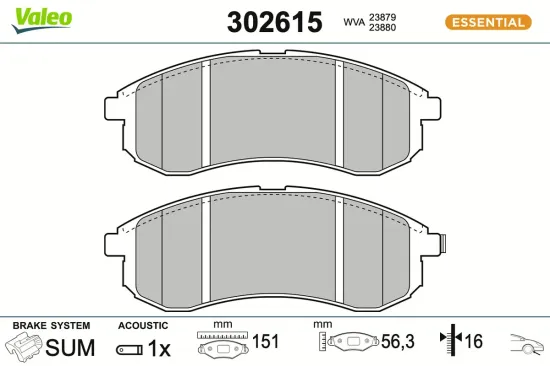 Bremsbelagsatz, Scheibenbremse Vorderachse VALEO 302615 Bild Bremsbelagsatz, Scheibenbremse Vorderachse VALEO 302615